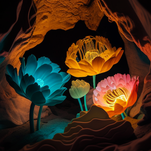 A display of fluorescent flower sculptures at the Neon Nature exhibition