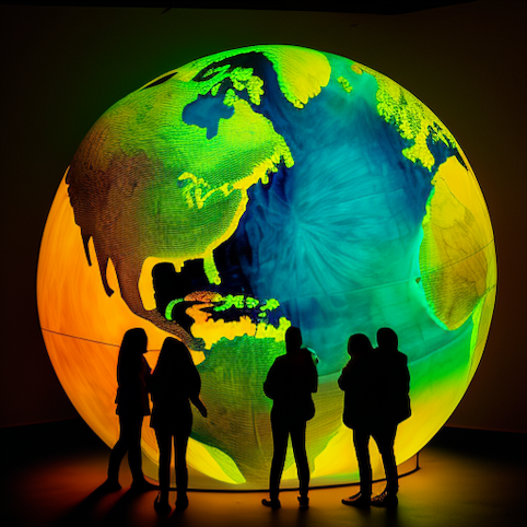 People looking at a giant fluorescent model of the Earth at the Neon Nature exhibition